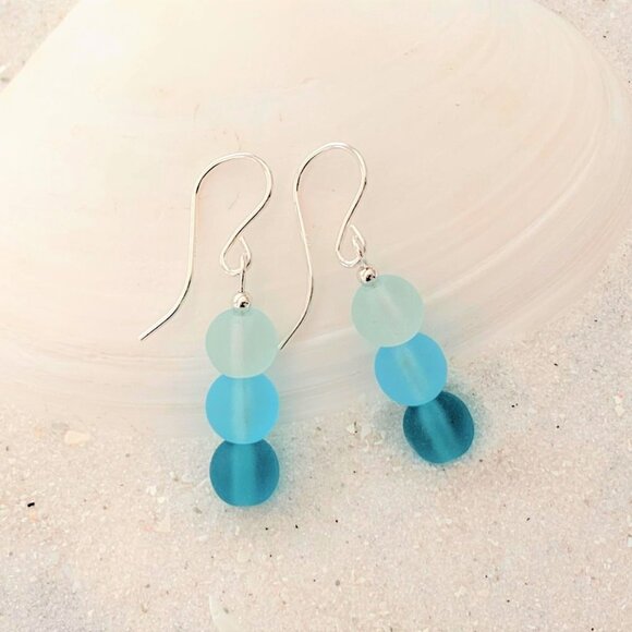 Sea Glass Earrings Blue Sterling Silver Hypoallergenic Wires Gifts for Women - Picture 5 of 8